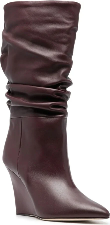 100mm Leather Gathered-Design Wedge Boots - Image 2