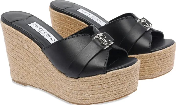 100mm Leather Wedge Espadrille Sandals - Image 2