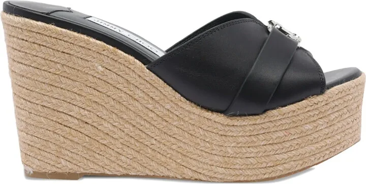 100mm Leather Wedge Espadrille Sandals