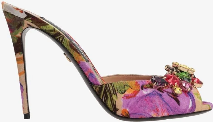 105 Abstract Flower Print Crystal Mules