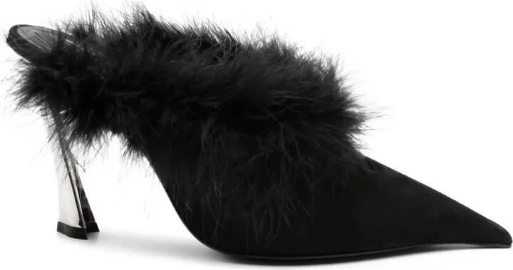 110mm Feather-Trim Pointed-Toe Mules