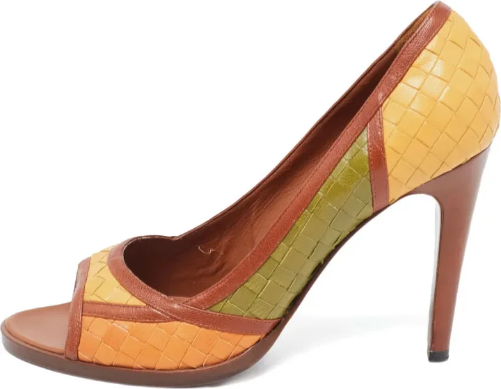 110mm Woven Leather Peep-Toe Pumps