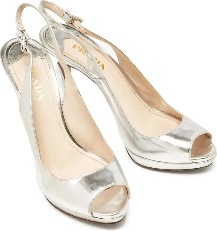120mm Metallic Leather Peep-Toe Slingback Pumps - Image 2