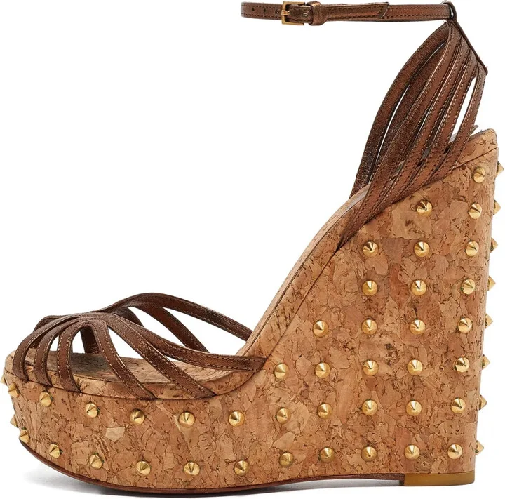 140mm Patent Leather Studded Wedge Sandals