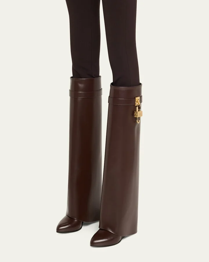 4G Shark Lock Leather Foldover Wedge Boots - Image 5