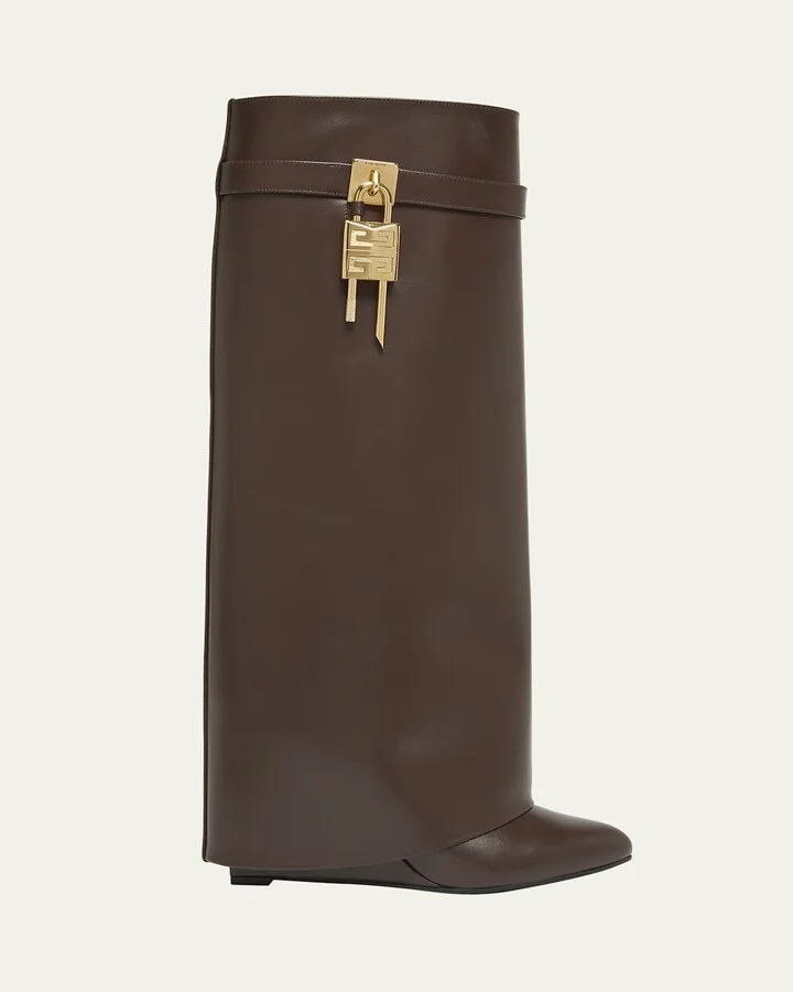 4G Shark Lock Leather Foldover Wedge Boots