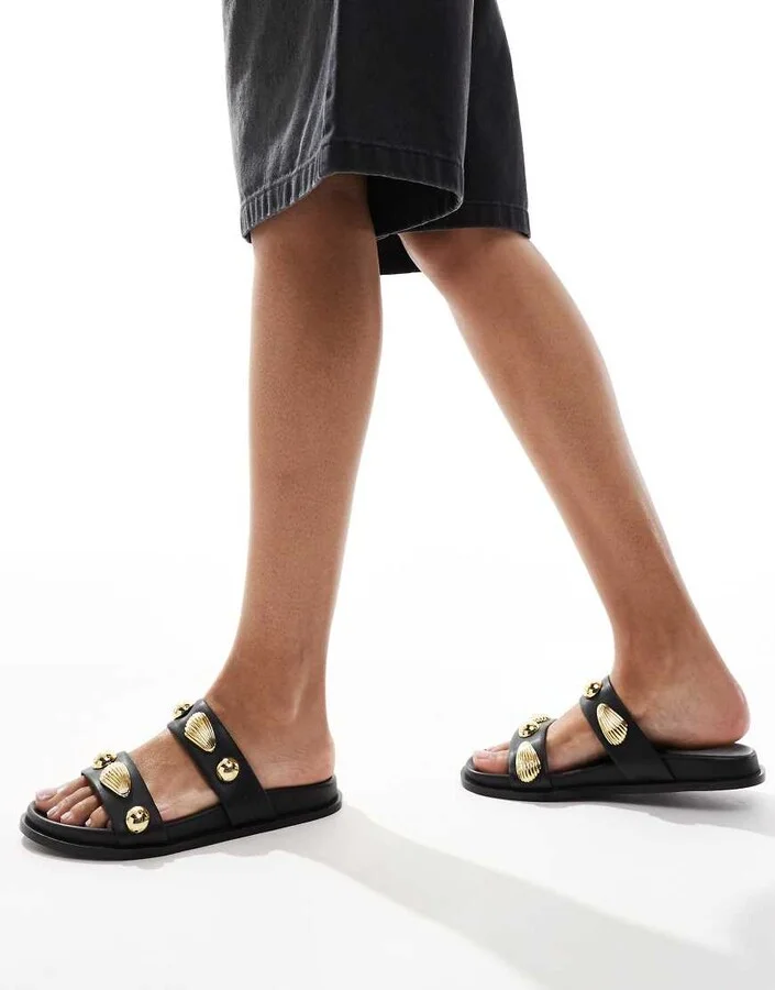 4th & Reckless gold shell embellished double strap flat sandals in black - Image 3