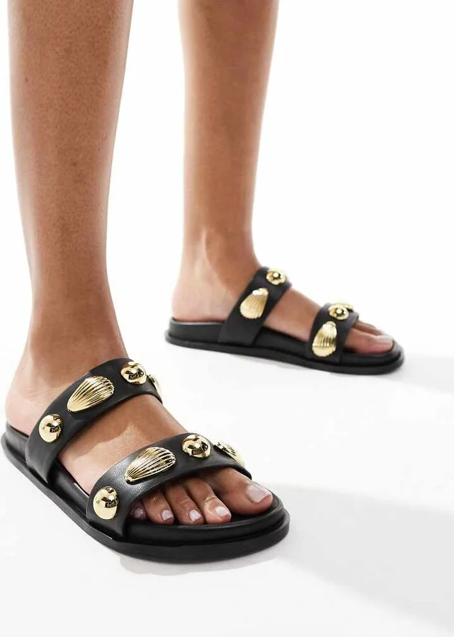 4th & Reckless gold shell embellished double strap flat sandals in black