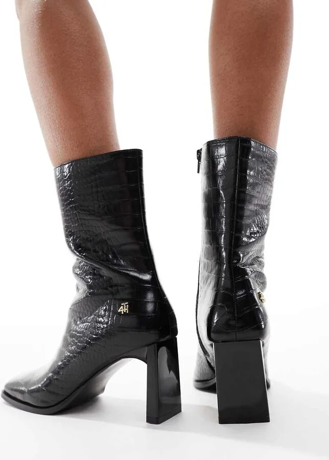 4th & Reckless square toe heeled ankle boots in black croc - Image 2