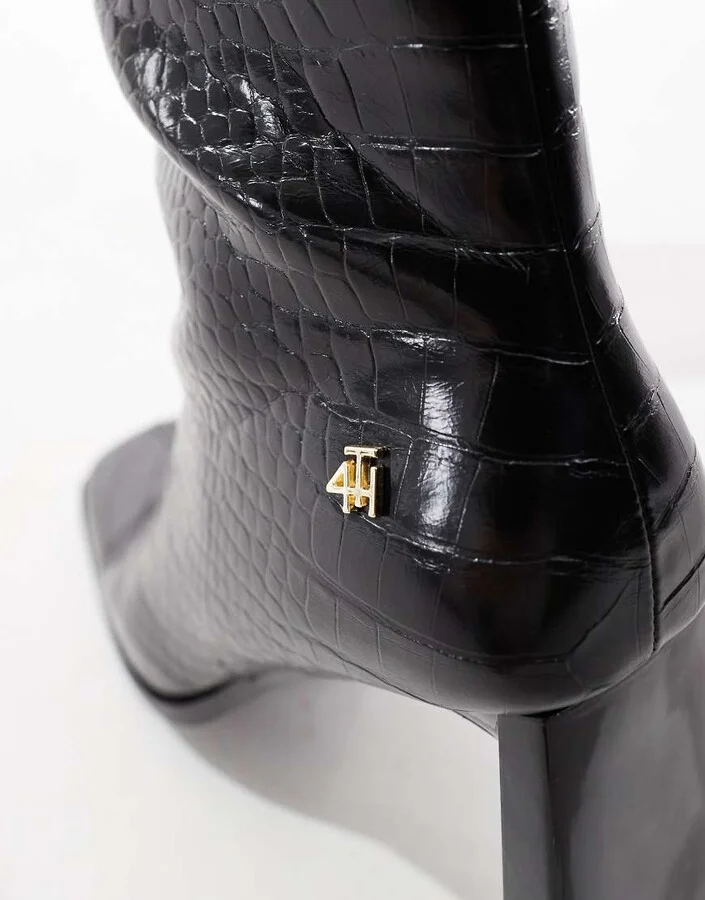 4th & Reckless square toe heeled ankle boots in black croc - Image 4