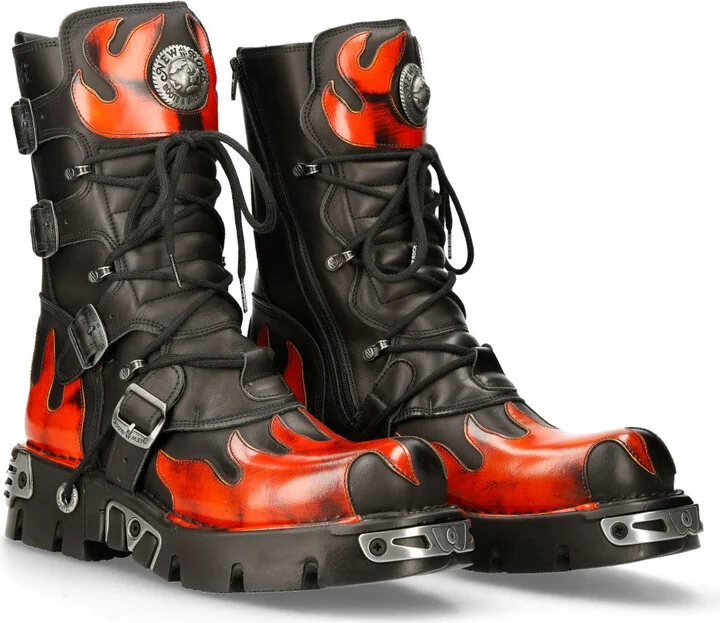 591-s1 Flame Metallic Leather Goth Boots