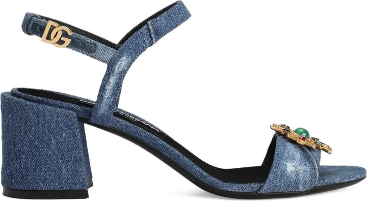 60mm Jeweled Denim Block-Heel Sandals