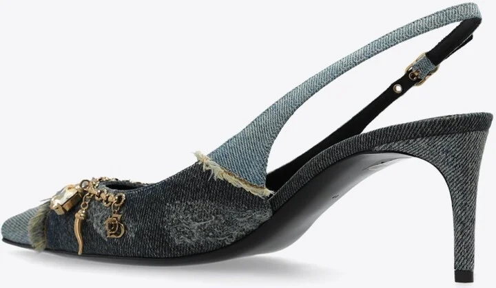 65 Charm Embellished Slingback Denim Pumps - Image 2