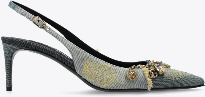 65 Charm Embellished Slingback Denim Pumps