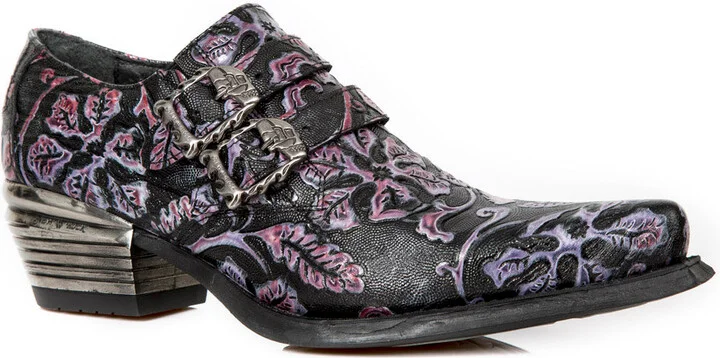 7960-s8 Embossed Vintage Leather Heel Shoes