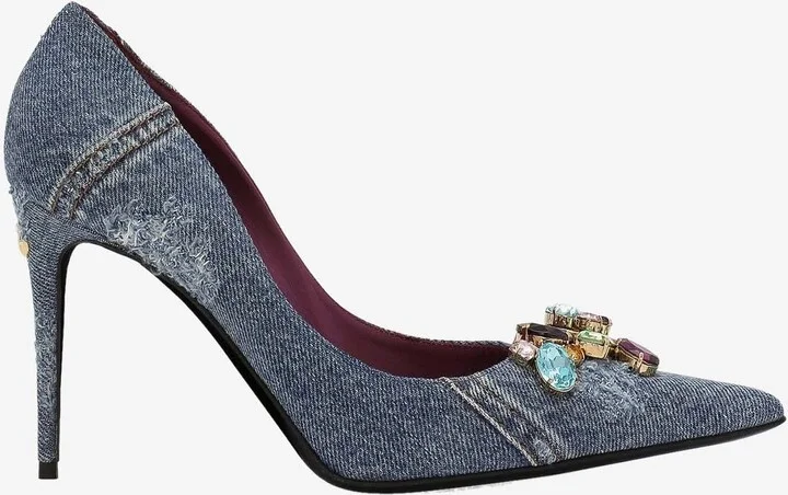 90 Crystal-Embellished Patchwork Denim Pumps