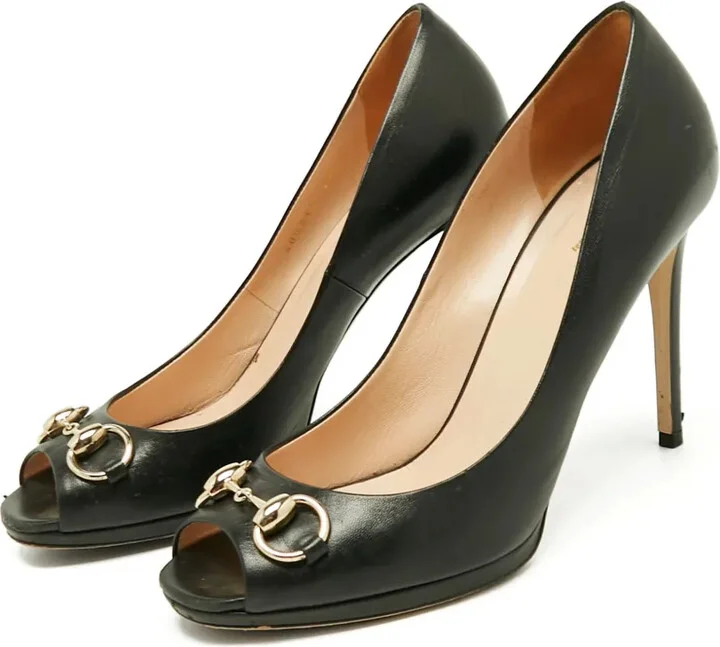 90mm Leather Horsebit-Detail Peep-Toe Pumps - Image 3