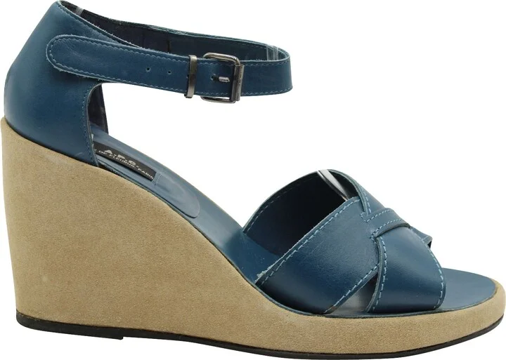 A. P.C Wedge Sandals in Blue Cowhide Leather