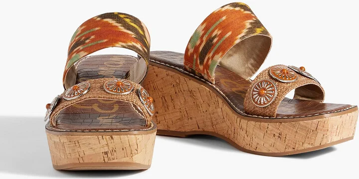 Abril embellished printed canvas and faux raffia wedge mules - Image 2