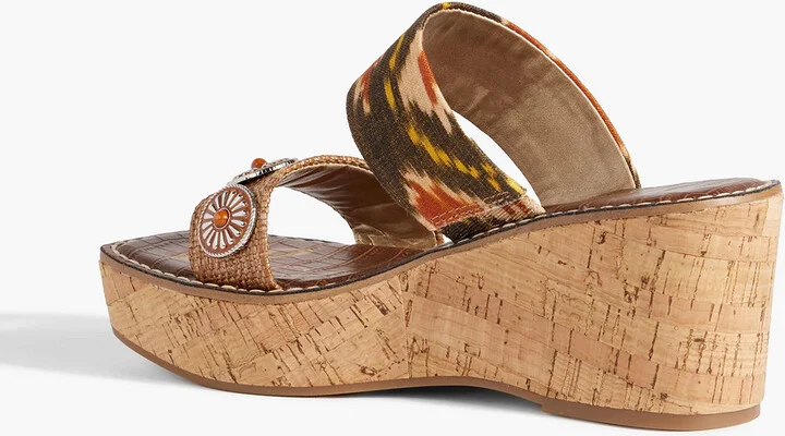 Abril embellished printed canvas and faux raffia wedge mules - Image 3
