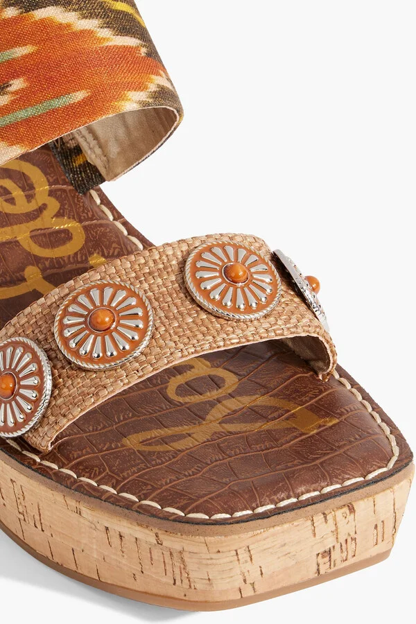 Abril embellished printed canvas and faux raffia wedge mules - Image 4