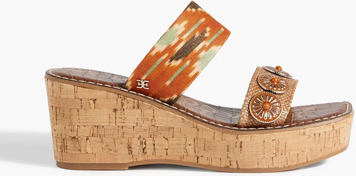 Abril embellished printed canvas and faux raffia wedge mules