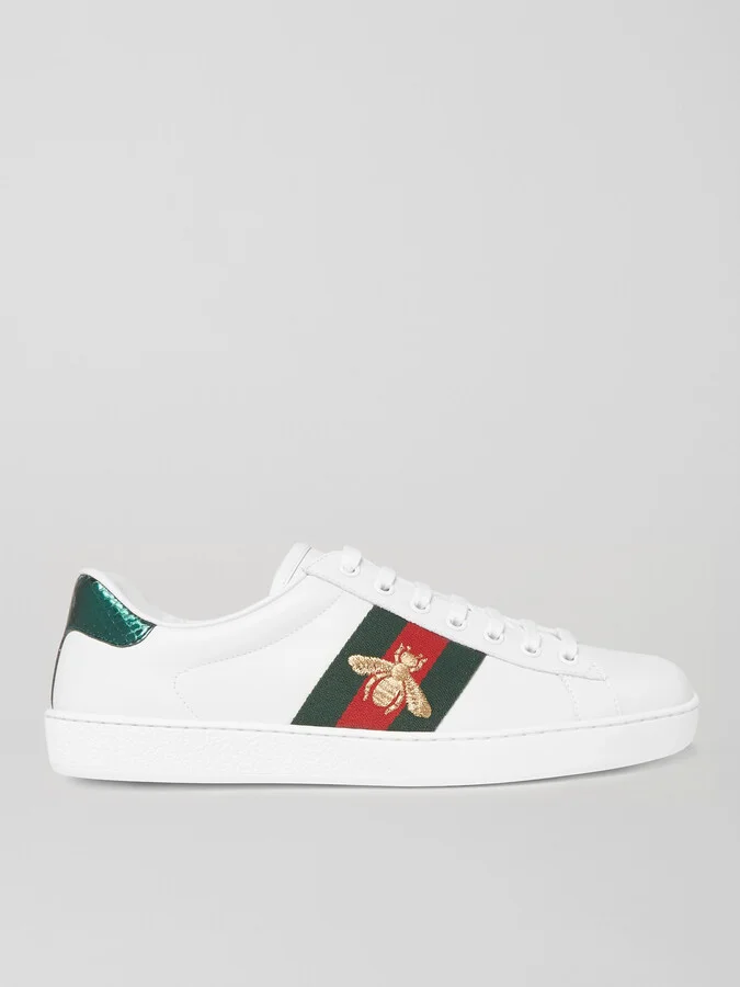 Ace Faux Watersnake-Trimmed Embroidered Leather Sneakers