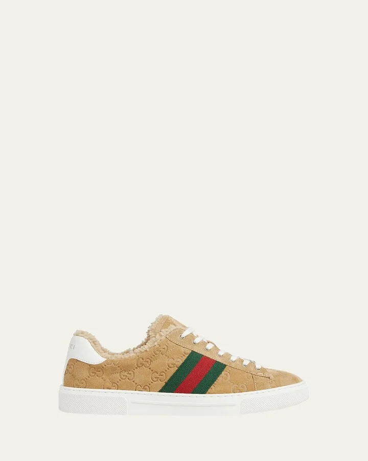 Ace GG Suede Shearling Low-Top Sneakers