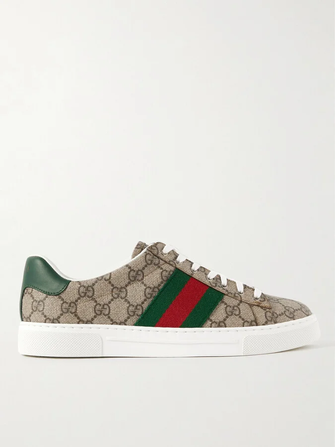Ace Leather and Webbing-Trimmed Monogrammed Canvas Sneakers