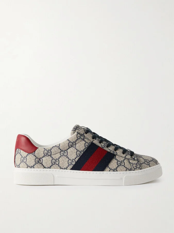 Ace Leather and Webbing-Trimmed Monogrammed Canvas Sneakers