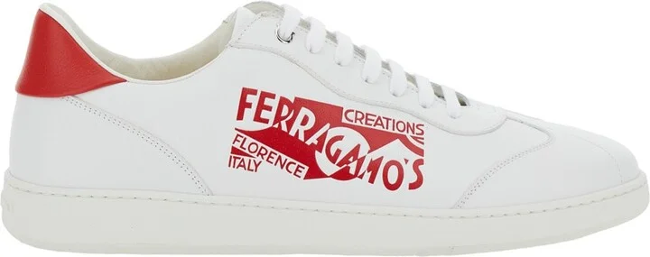 'achille' White Low Top Sneakers With Red Logo Detail In Leather Man
