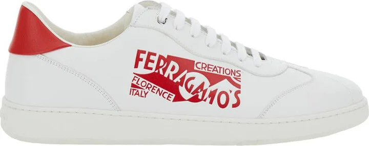 'Achille' White Low Top Sneakers With Red Logo Detail In Leather Man