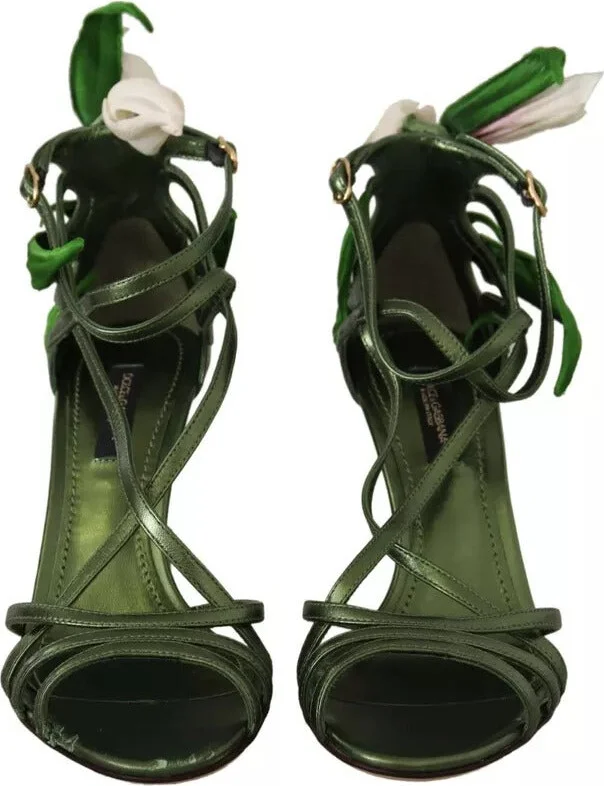 Acid Green Leather Strappy Flower Heels Sandals Women's Shoes (Pre-Owned) - Image 2