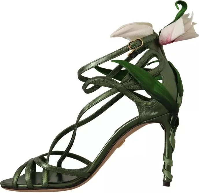 Acid Green Leather Strappy Flower Heels Sandals Women's Shoes (Pre-Owned) - Image 3
