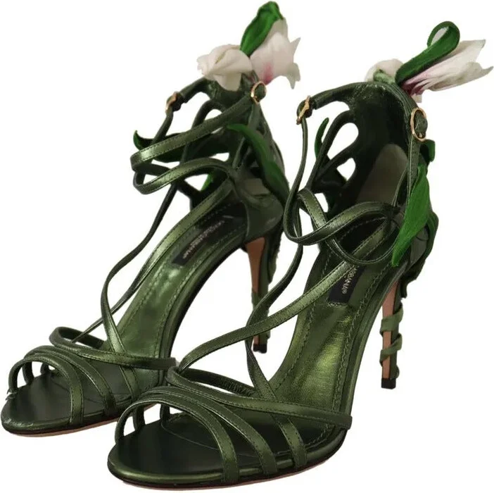 Acid Green Leather Strappy Flower Heels Sandals Women's Shoes (Pre-Owned) - Image 5