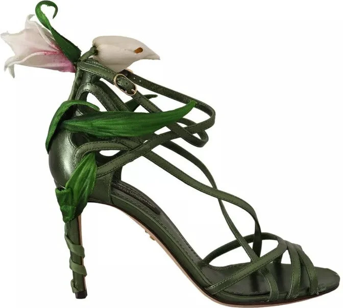 Acid Green Leather Strappy Flower Heels Sandals Women's Shoes (Pre-Owned)
