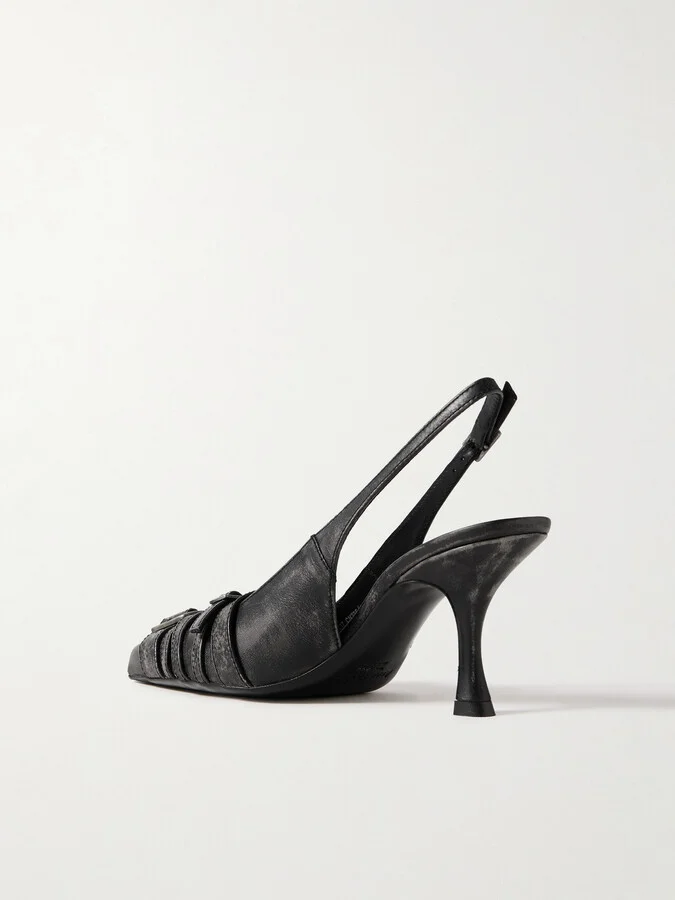 Acne Studios - Buckled Distressed Leather Slingback Pumps - Black - Image 3