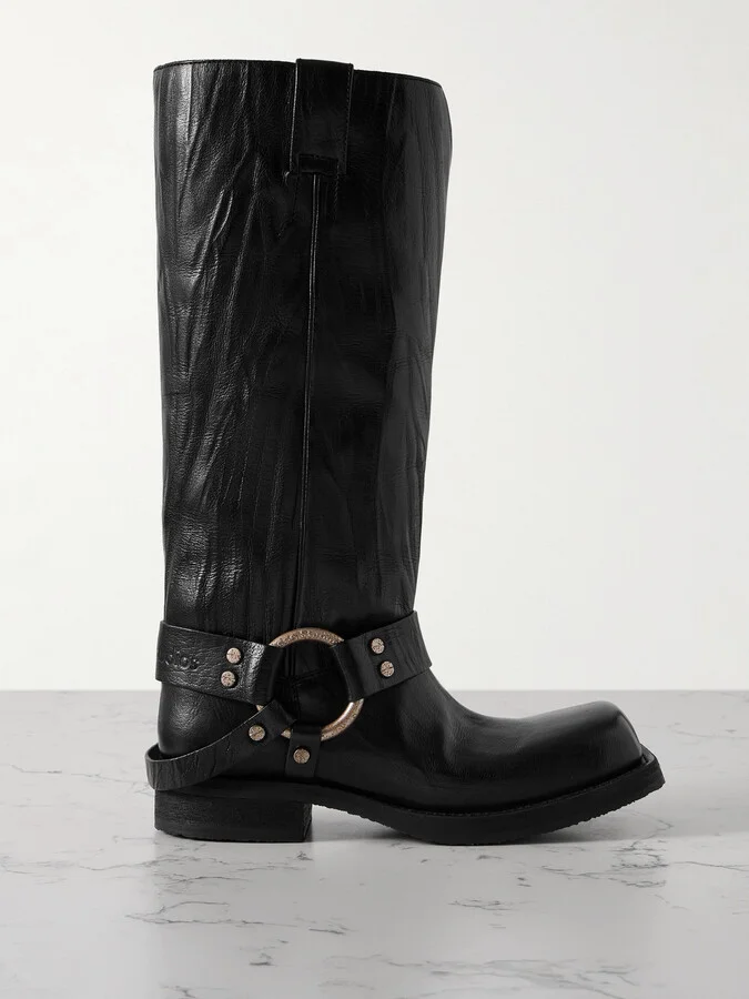 Acne Studios - Embellished Crinkled-leather Knee Boots - Black