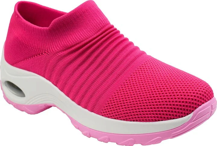 Ad Tec Women's Slip On Sock Sneakers Mesh Upper Walking Shoes | Breathable & Comfortable Air Cushion Casual Wedge Platform Loafers Pink