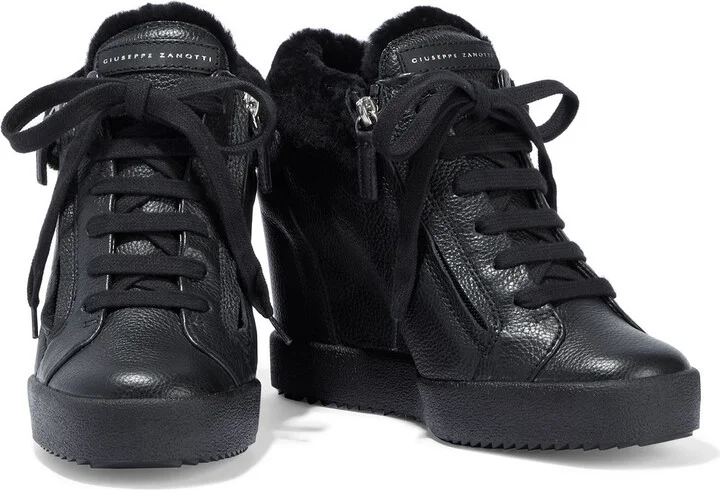 Addy shearling-lined pebbled-leather wedge sneakers - Image 2