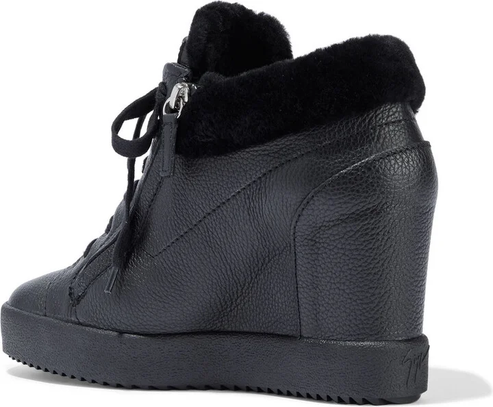 Addy shearling-lined pebbled-leather wedge sneakers - Image 3