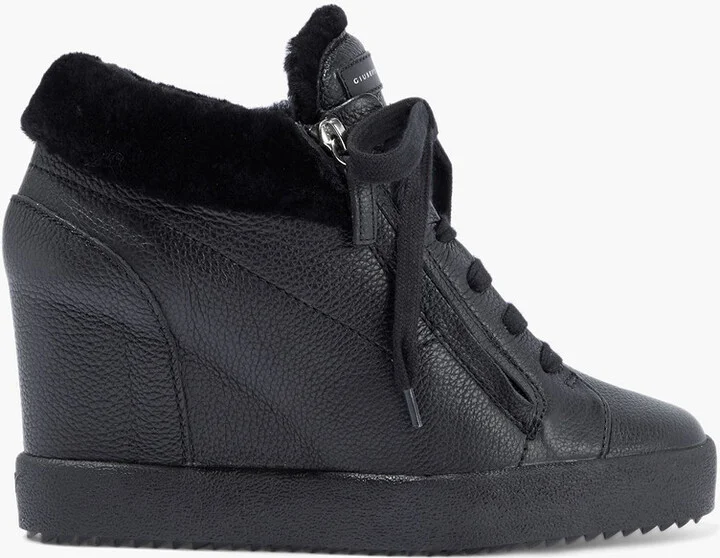 Addy shearling-lined pebbled-leather wedge sneakers