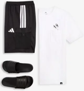 Adidas Mens Three Stripes Tiro 9 Cargo Shorts Slide Pocket T Shirt Adilette Comfort Slide Sandals - Image 2