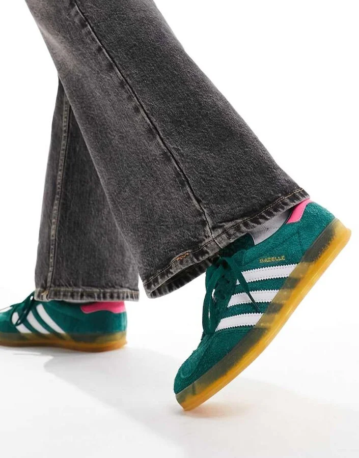 adidas Originals Gazelle Indoor sneakers in dark green with pink heel tab