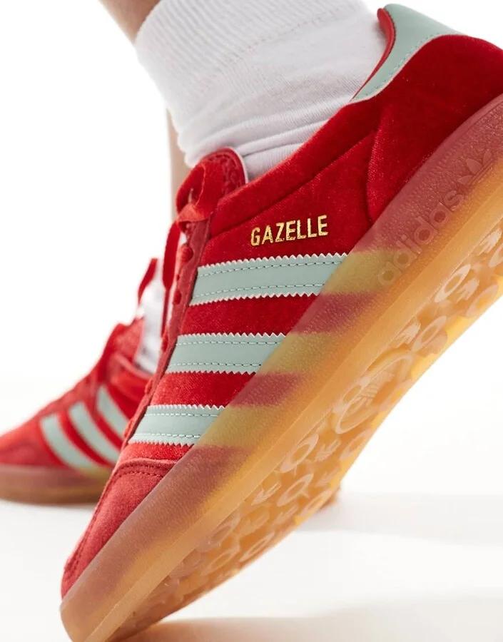 adidas Originals Gazelle Indoor sneakers with velvet detail in red and green - Image 3