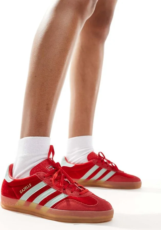 adidas Originals Gazelle Indoor sneakers with velvet detail in red and green