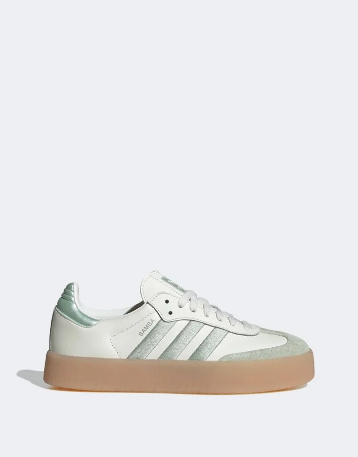 adidas Originals Sambae sneakers in off white and green metallic