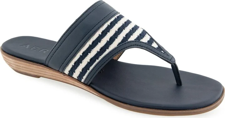 Aerosoles Women's Gesa Round Toe Thong Sandals - Eggnog/Navy Stripe Textured Fabric