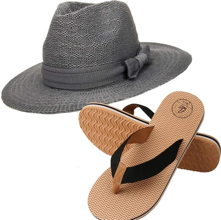 Aerusi Women's Coco Keys Year Round Floppy Straw Sun Hat and Foam Flip Flop Sandals Bundle Set