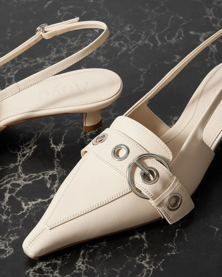 Aeyde - Davina Buckled Leather Slingback Pumps - Cream - Image 4